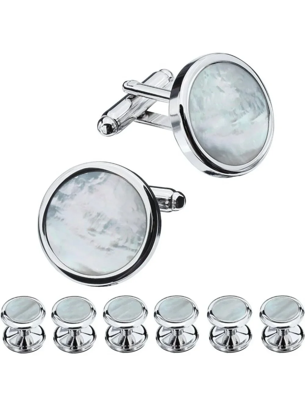 Elegant Mother-of-Pearl Tuxedo Shirt & Cufflink Set for Weddings & Events